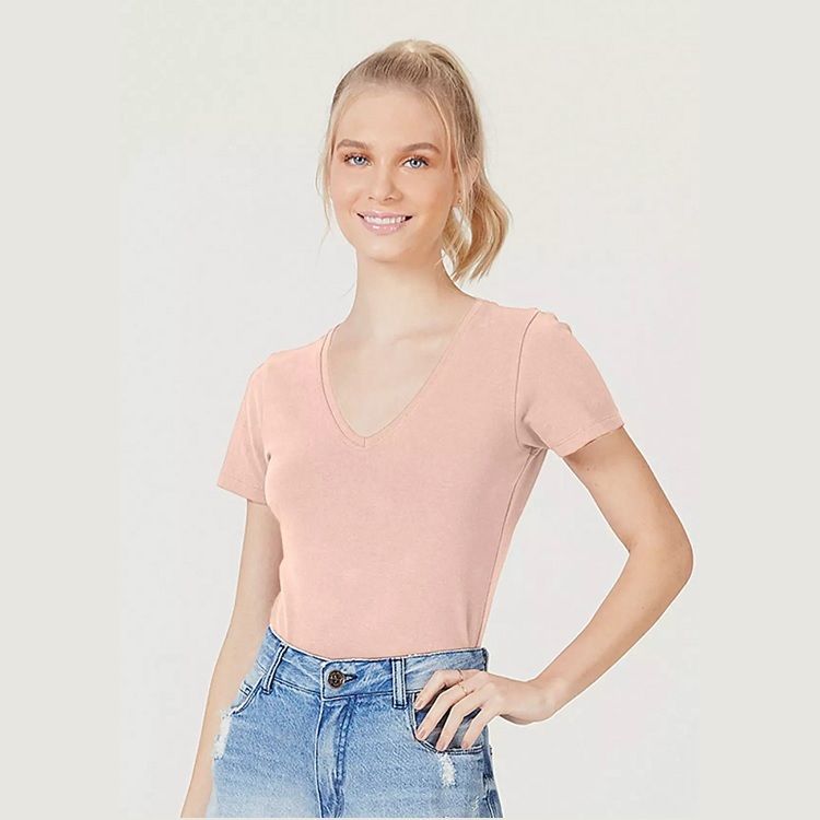 Blusa Hering Feminina Básica Decote V com Elastano M Rosa Claro